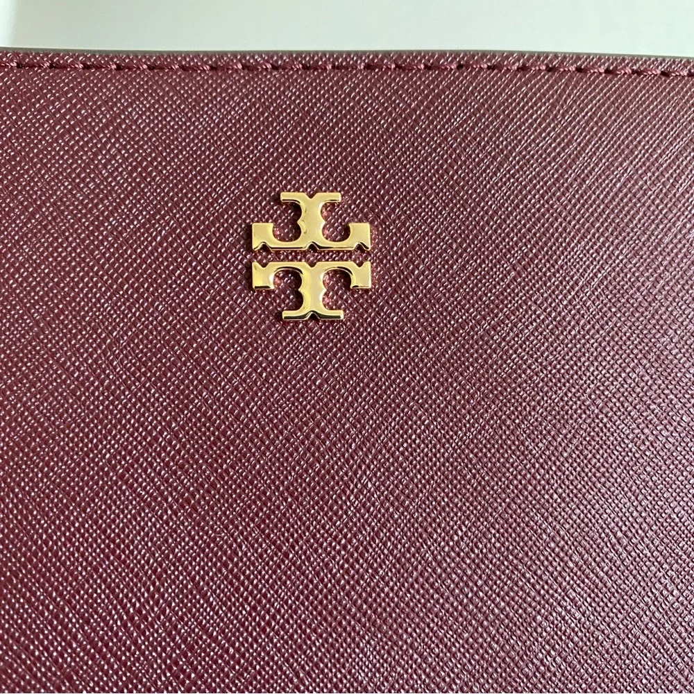 Tory Burch burgundy Saffiano leather Top Zip Tote Bag